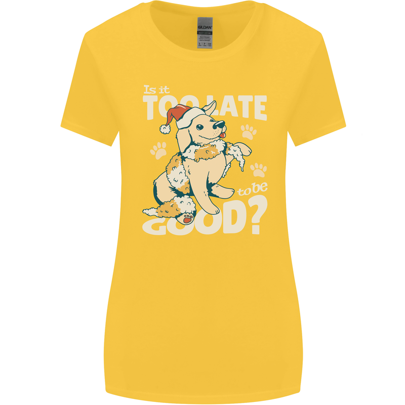 Funny Christmas Dog Too Late to Be Good Womens Wider Cut T-Shirt Yellow