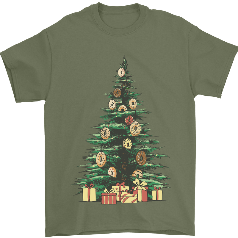 Funny Christmas Donut Tree Xmas Mens T-Shirt 100% Cotton Military Green