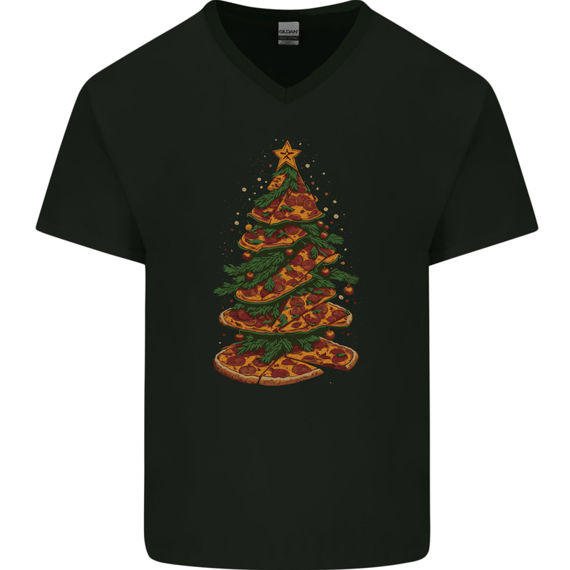 Funny Christmas Pizza Tree Xmas Food Mens V-Neck Cotton T-Shirt Black