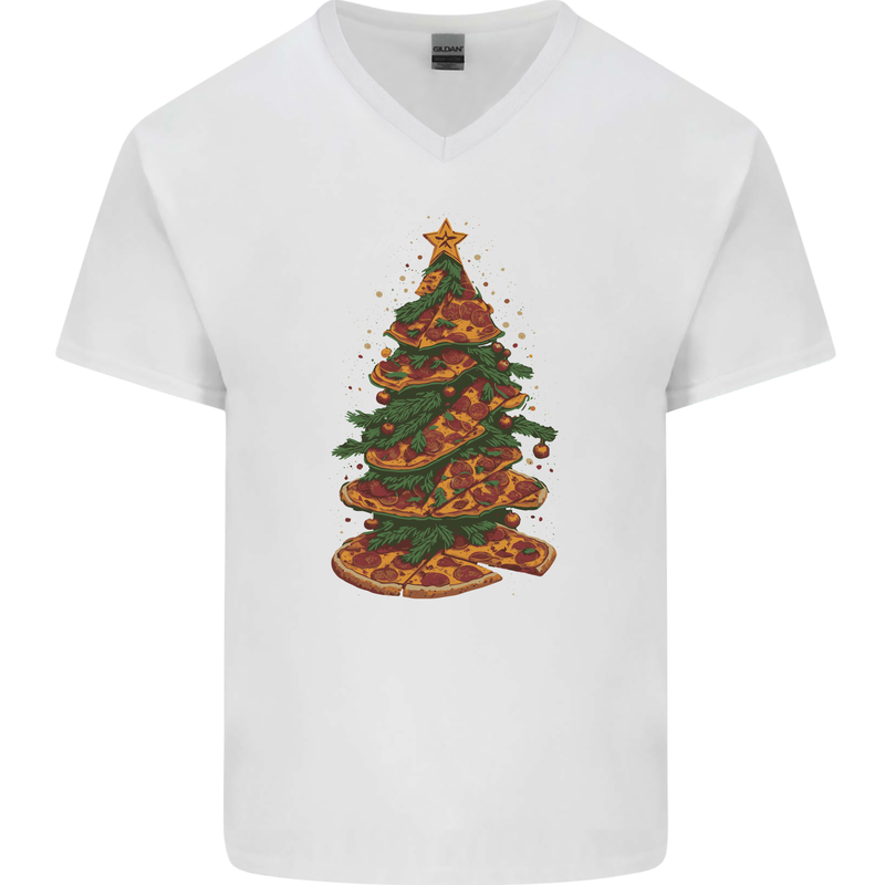 Funny Christmas Pizza Tree Xmas Food Mens V-Neck Cotton T-Shirt White