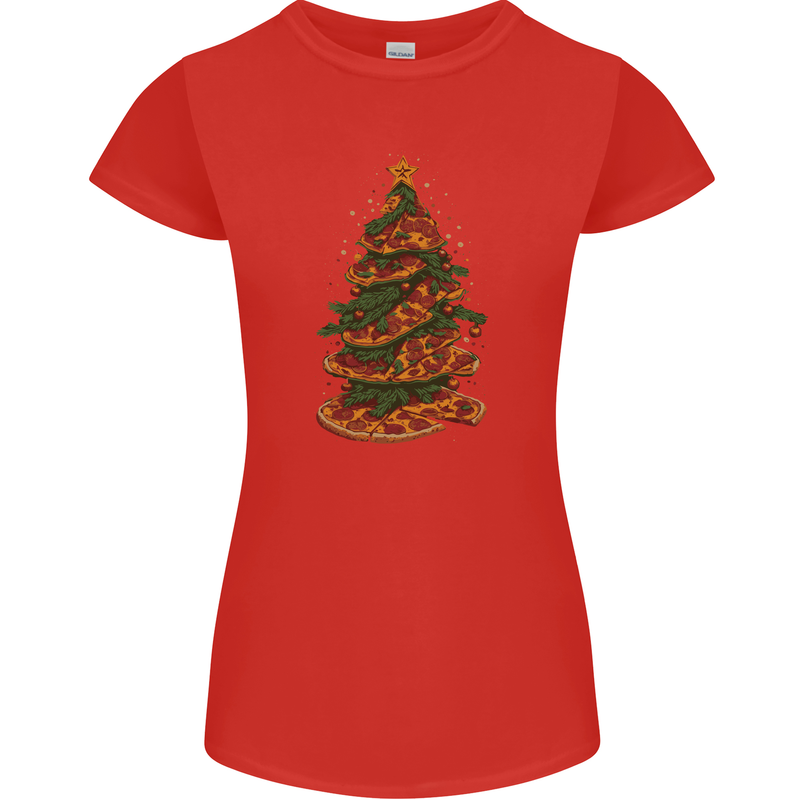 Funny Christmas Pizza Tree Xmas Food Womens Petite Cut T-Shirt Red