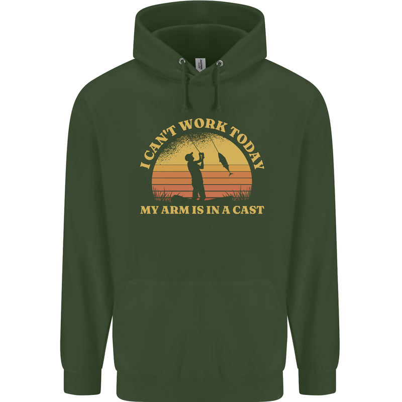 Funny Fishing Arm is In a Cast Fisherman Childrens Kids Hoodie Forest Green