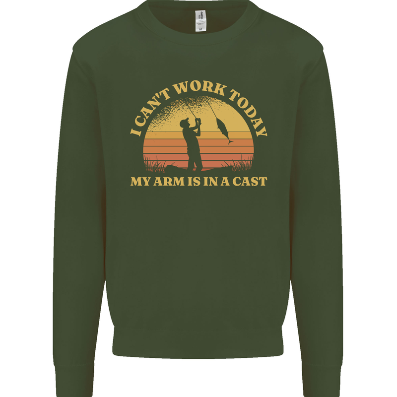 Funny Fishing Arm is In a Cast Fisherman Kids Sweatshirt Jumper Forest Green
