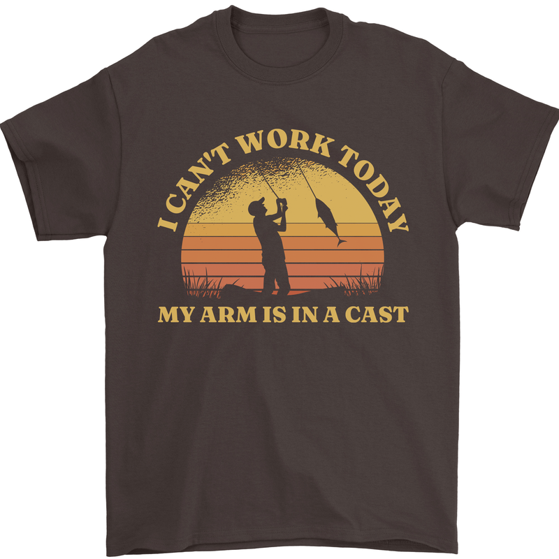 Funny Fishing Arm is In a Cast Fisherman Mens T-Shirt 100% Cotton Dark Chocolate