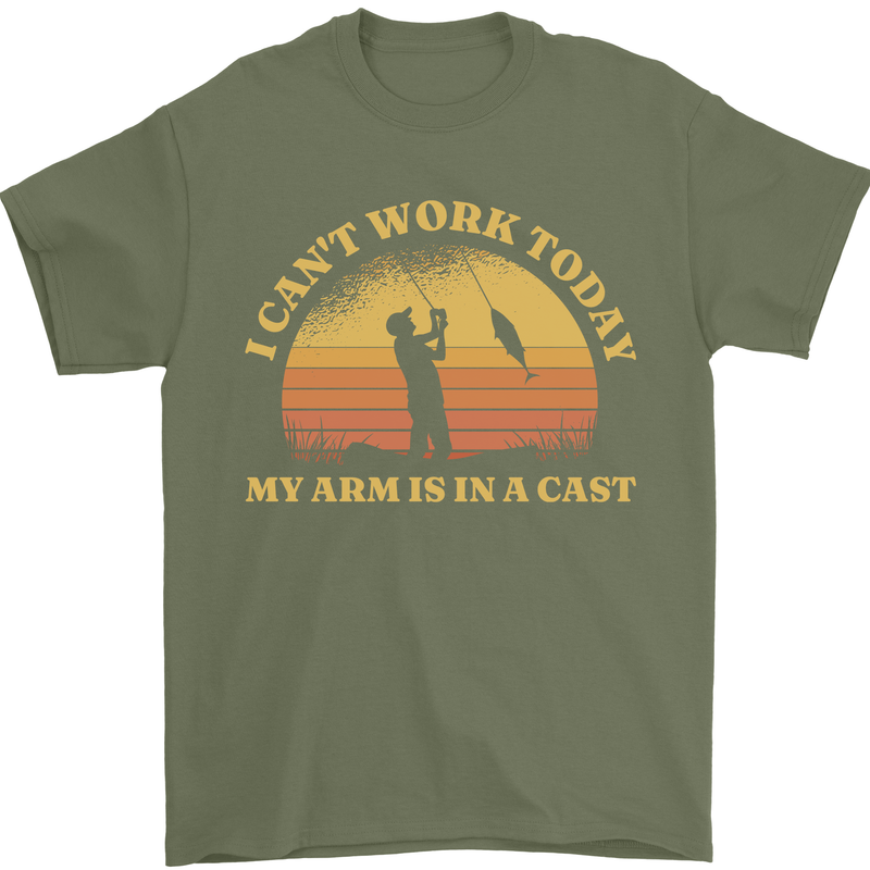 Funny Fishing Arm is In a Cast Fisherman Mens T-Shirt 100% Cotton Military Green