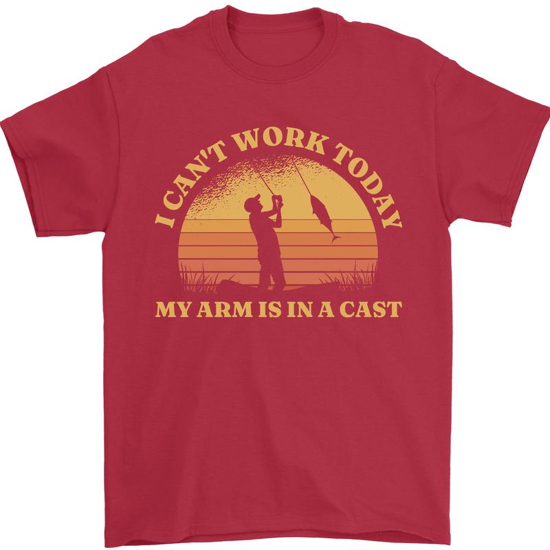 Funny Fishing Arm is In a Cast Fisherman Mens T-Shirt 100% Cotton Red