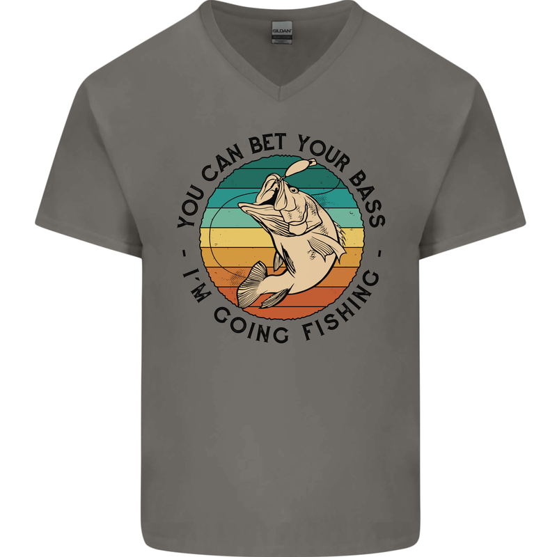Funny Fishing Bet Your Bass Im Going Fisherman Mens V-Neck Cotton T-Shirt Charcoal