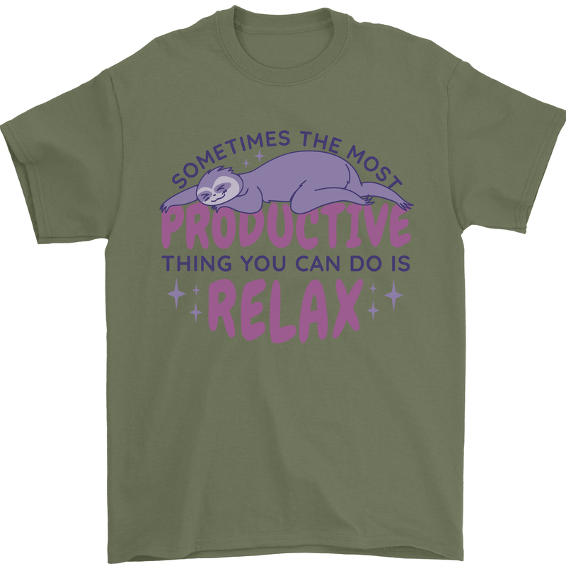 Funny Relaxing Sloth Mens T-Shirt 100% Cotton Military Green