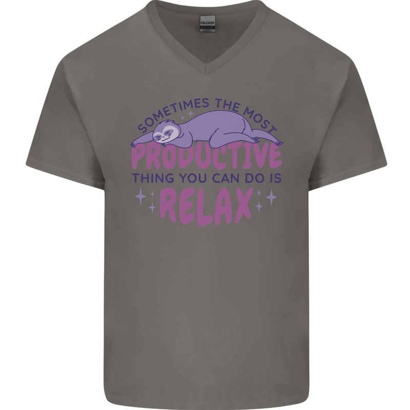 Funny Relaxing Sloth Mens V-Neck Cotton T-Shirt Charcoal