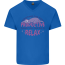 Funny Relaxing Sloth Mens V-Neck Cotton T-Shirt Royal Blue