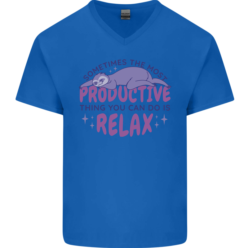 Funny Relaxing Sloth Mens V-Neck Cotton T-Shirt Royal Blue