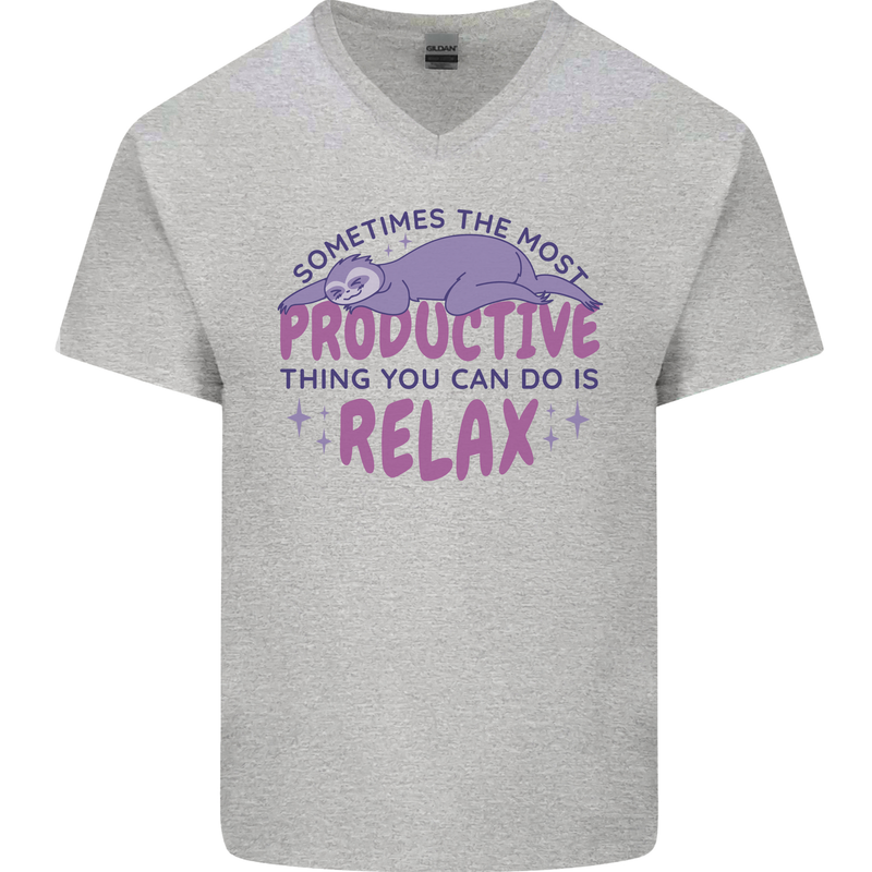 Funny Relaxing Sloth Mens V-Neck Cotton T-Shirt Sports Grey