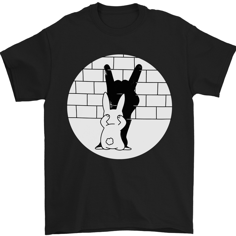 a black t - shirt with a picture of a person holding a rabbit