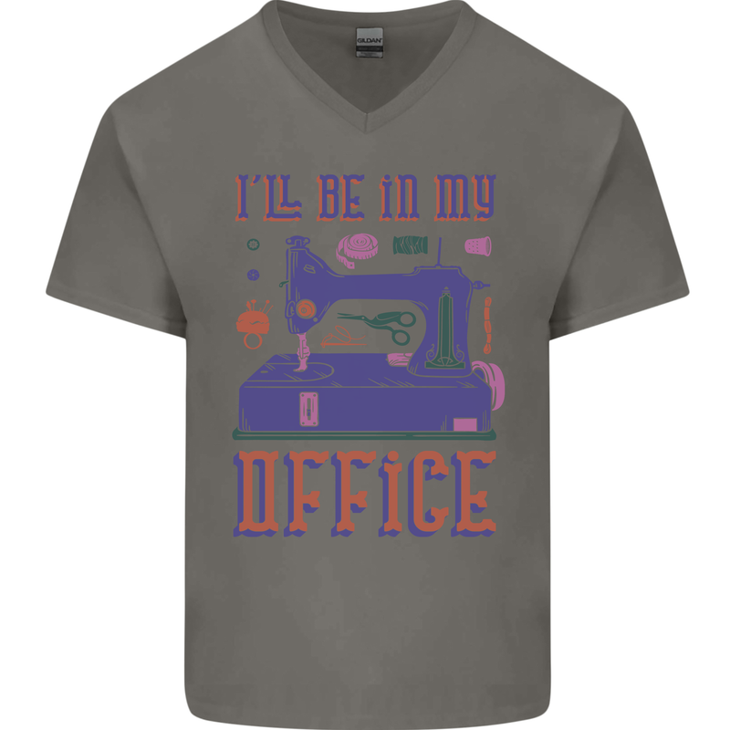 Funny Sewing Machine Seamstress Tailor Mens V-Neck Cotton T-Shirt Charcoal