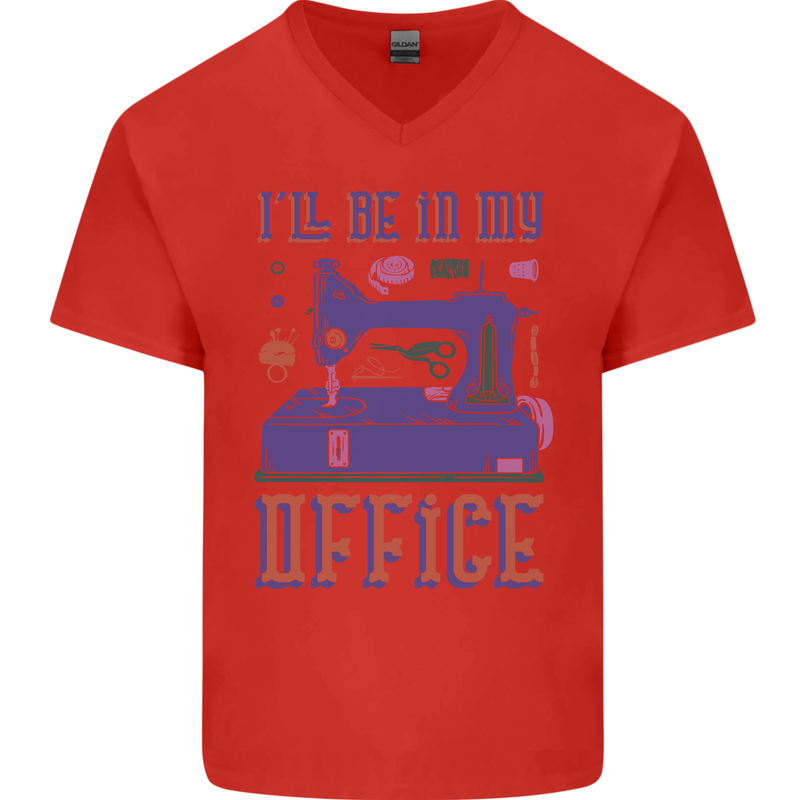 Funny Sewing Machine Seamstress Tailor Mens V-Neck Cotton T-Shirt Red