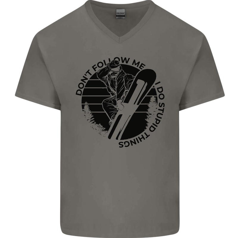 Funny Snowboarder Don't Follow Me Mens V-Neck Cotton T-Shirt Charcoal