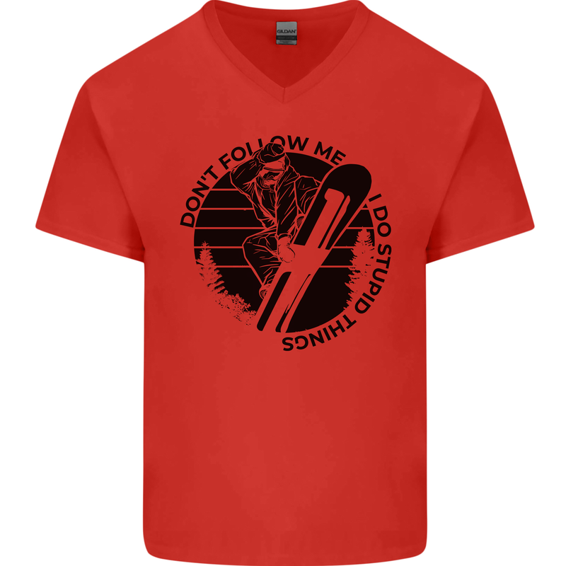 Funny Snowboarder Don't Follow Me Mens V-Neck Cotton T-Shirt Red