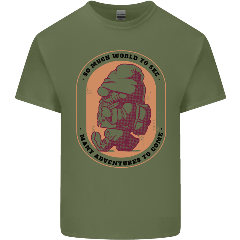 Funny Trekking Gnome Travelling Holiday Mens Cotton T-Shirt Tee Top Military Green