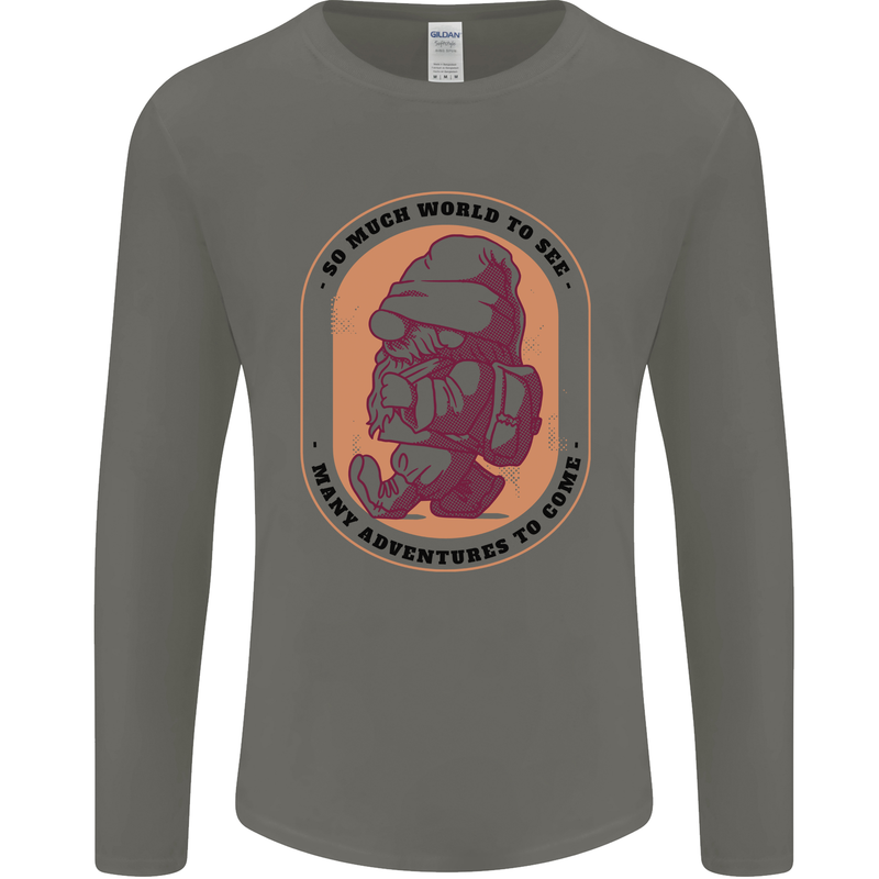 Funny Trekking Gnome Travelling Holiday Mens Long Sleeve T-Shirt Charcoal
