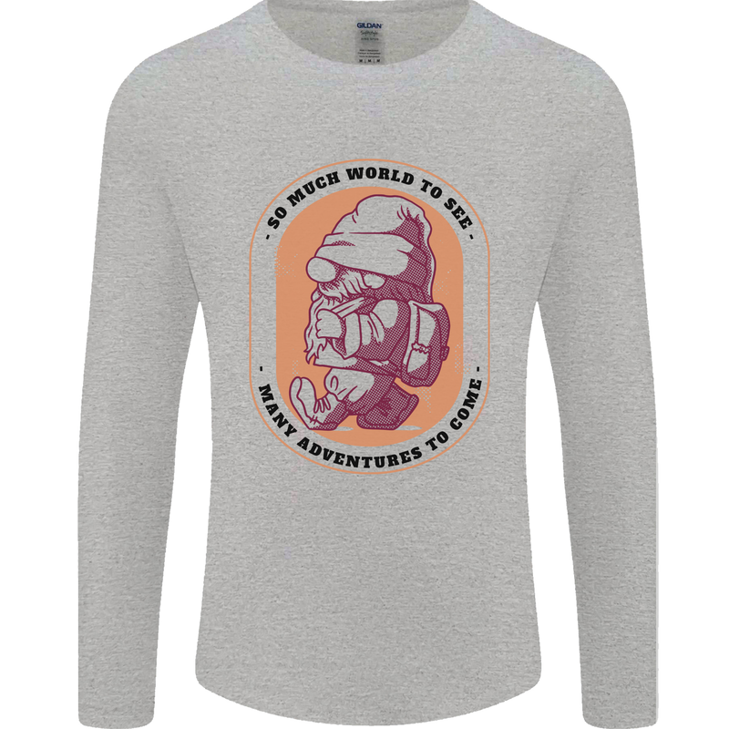 Funny Trekking Gnome Travelling Holiday Mens Long Sleeve T-Shirt Sports Grey