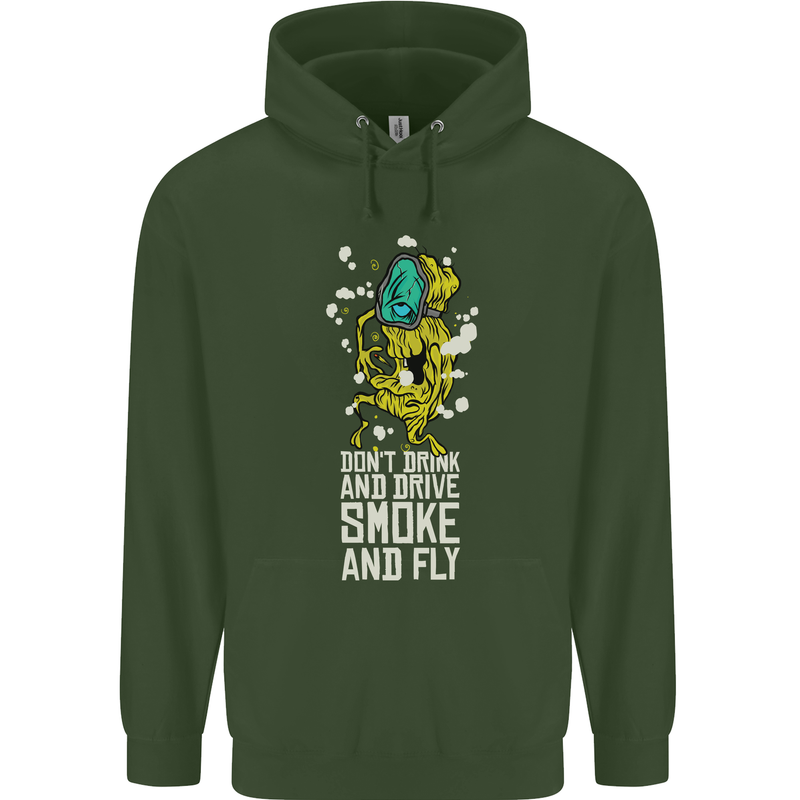 Funny Weed Cannabis Smoke and Fly Childrens Kids Hoodie Forest Green
