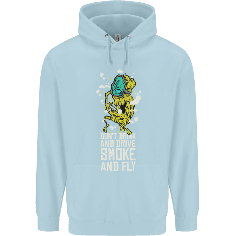 Funny Weed Cannabis Smoke and Fly Mens 80% Cotton Hoodie Light Blue