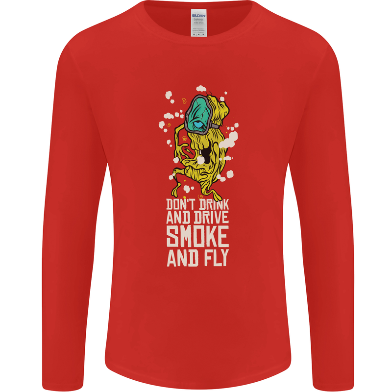 Funny Weed Cannabis Smoke and Fly Mens Long Sleeve T-Shirt Red