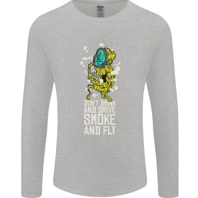 Funny Weed Cannabis Smoke and Fly Mens Long Sleeve T-Shirt Sports Grey