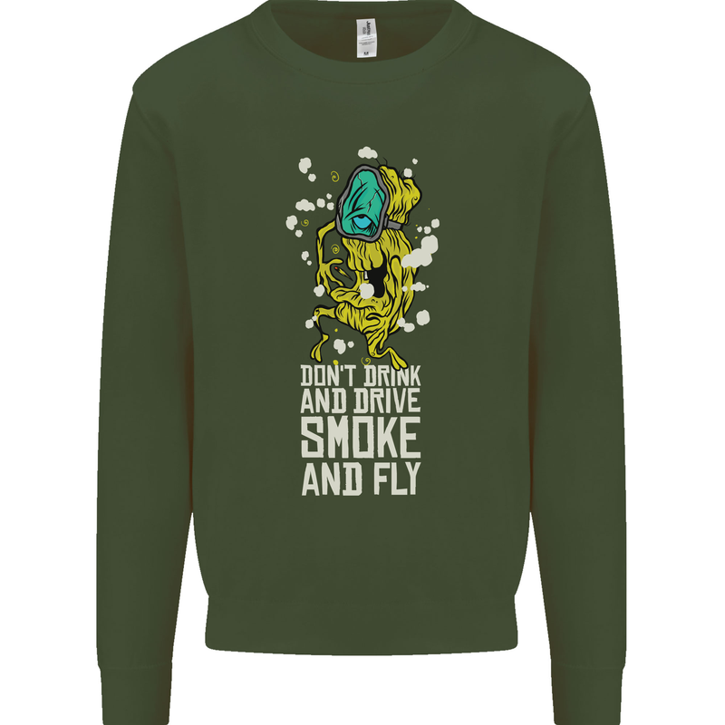 Funny Weed Cannabis Smoke and Fly Mens Sweatshirt Jumper Forest Green