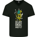 Funny Weed Cannabis Smoke and Fly Mens V-Neck Cotton T-Shirt Black