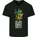Funny Weed Cannabis Smoke and Fly Mens V-Neck Cotton T-Shirt Black
