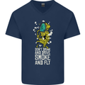 Funny Weed Cannabis Smoke and Fly Mens V-Neck Cotton T-Shirt Navy Blue