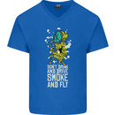 Funny Weed Cannabis Smoke and Fly Mens V-Neck Cotton T-Shirt Royal Blue