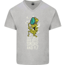 Funny Weed Cannabis Smoke and Fly Mens V-Neck Cotton T-Shirt Sports Grey