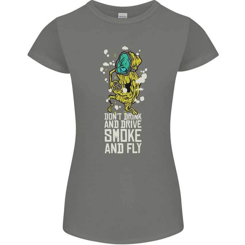 Funny Weed Cannabis Smoke and Fly Womens Petite Cut T-Shirt Charcoal