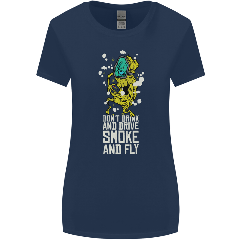 Funny Weed Cannabis Smoke and Fly Womens Wider Cut T-Shirt Navy Blue
