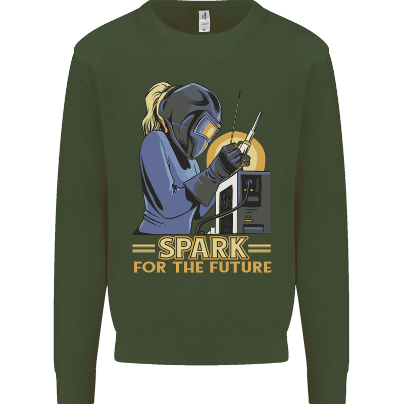 Future Spark Female Welder Welding Kids Sweatshirt Jumper Forest Green