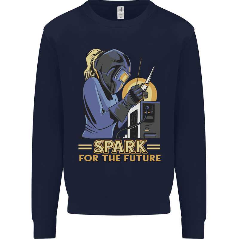 Future Spark Female Welder Welding Kids Sweatshirt Jumper Navy Blue