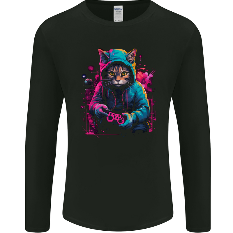 Gaming Cat Cool Gamer Video Games Mens Long Sleeve T-Shirt Black
