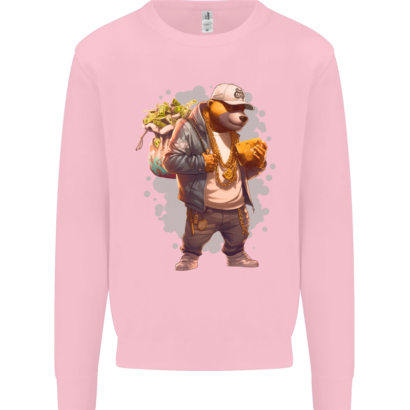 Gangster Bear With Loads of Money Cash Hustle Mens Sweatshirt Jumper Light Pink