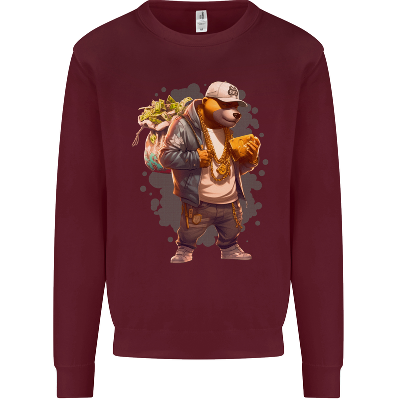 Gangster Bear With Loads of Money Cash Hustle Mens Sweatshirt Jumper Maroon