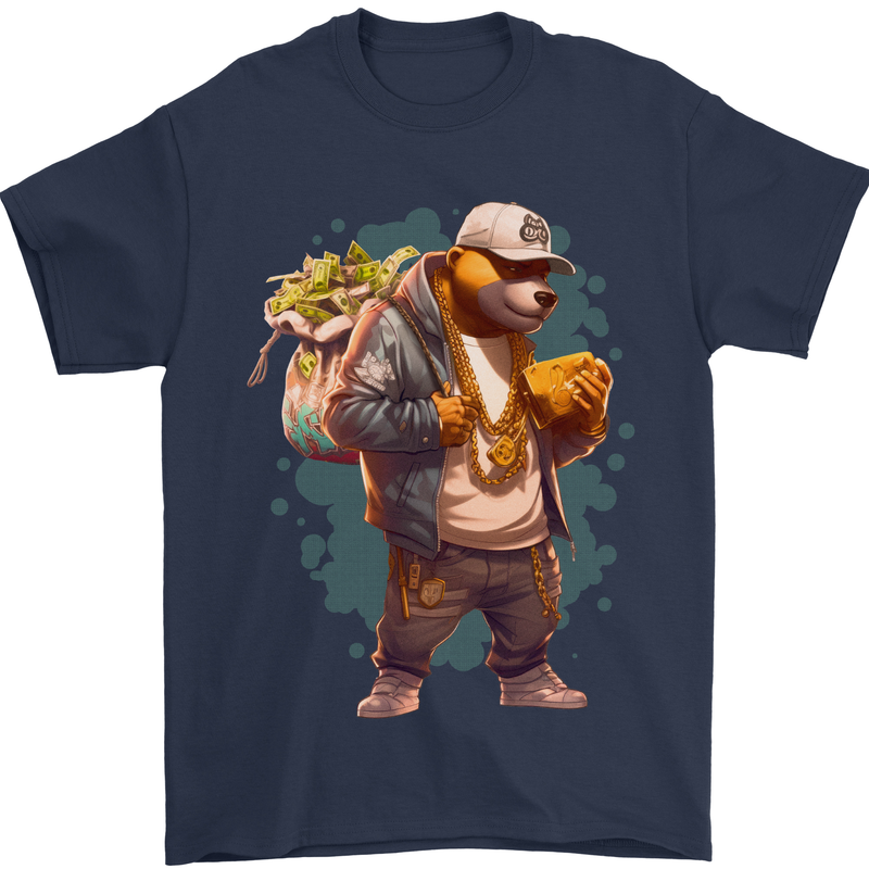 Gangster Bear With Loads of Money Cash Hustle Mens T-Shirt 100% Cotton Navy Blue