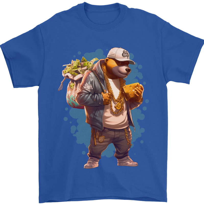Gangster Bear With Loads of Money Cash Hustle Mens T-Shirt 100% Cotton Royal Blue