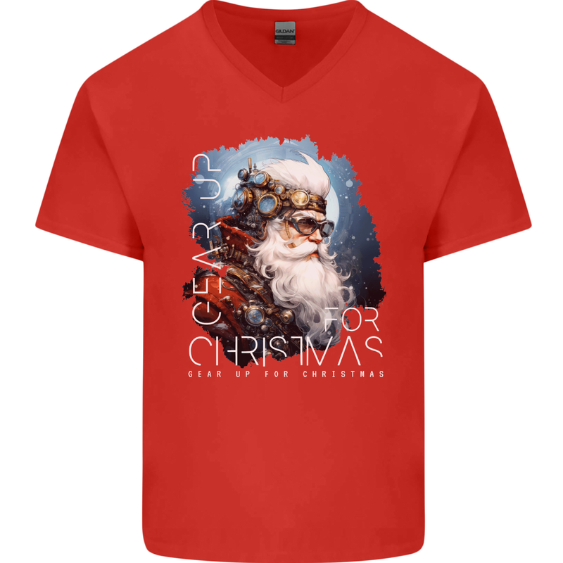 Gear Up Christmas Steampunk Santa Xmas Mens V-Neck Cotton T-Shirt Red