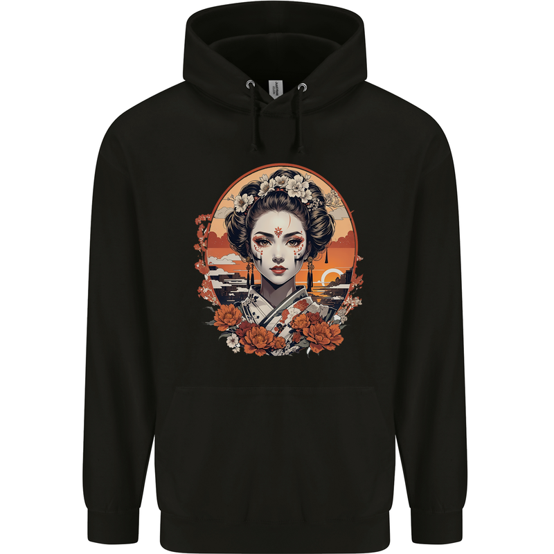 Geisha Girl With Flowers Childrens Kids Hoodie Black