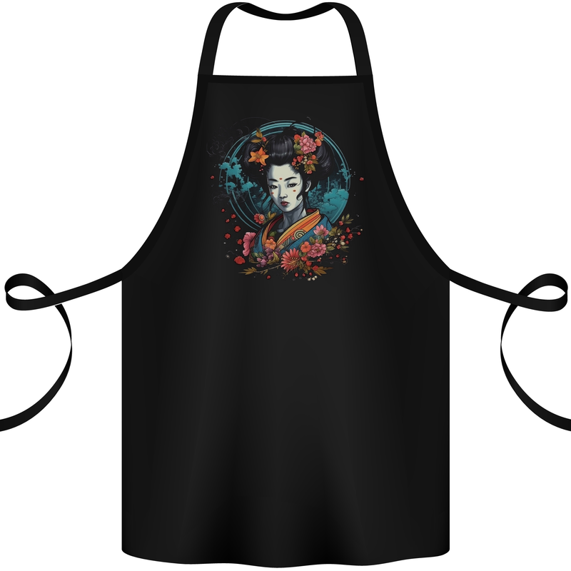 Geisha Girl With Flowers Fantasy Cotton Apron 100% Organic Black