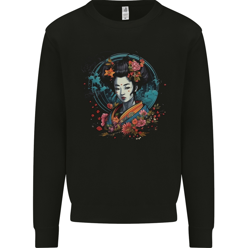 Geisha Girl With Flowers Fantasy Kids Sweatshirt Jumper Black
