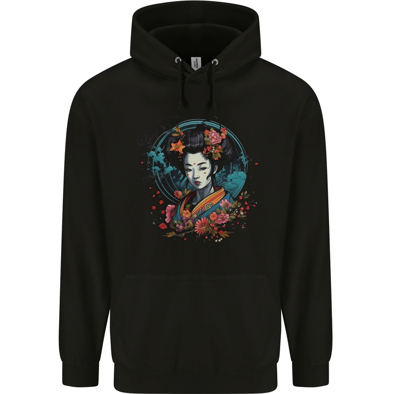 Geisha Girl With Flowers Fantasy Mens 80% Cotton Hoodie Black