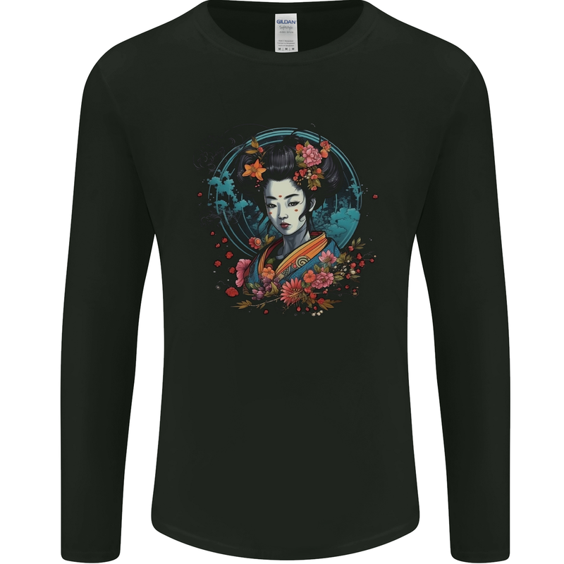 Geisha Girl With Flowers Fantasy Mens Long Sleeve T-Shirt Black