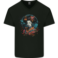 Geisha Girl With Flowers Fantasy Mens V-Neck Cotton T-Shirt Black